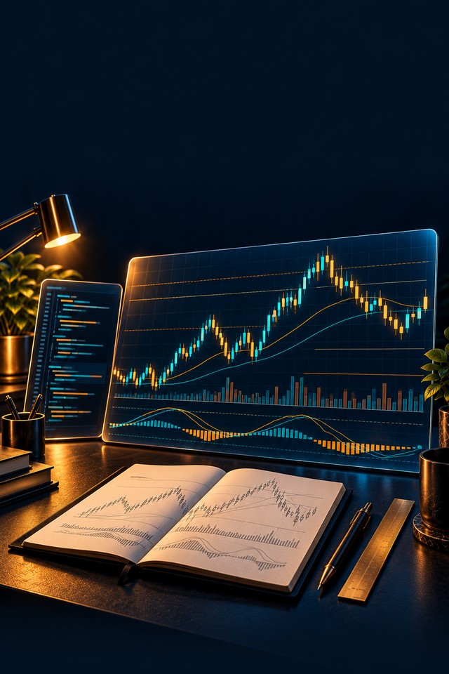 Chart and code panels above a notebook, lit in amber and teal.